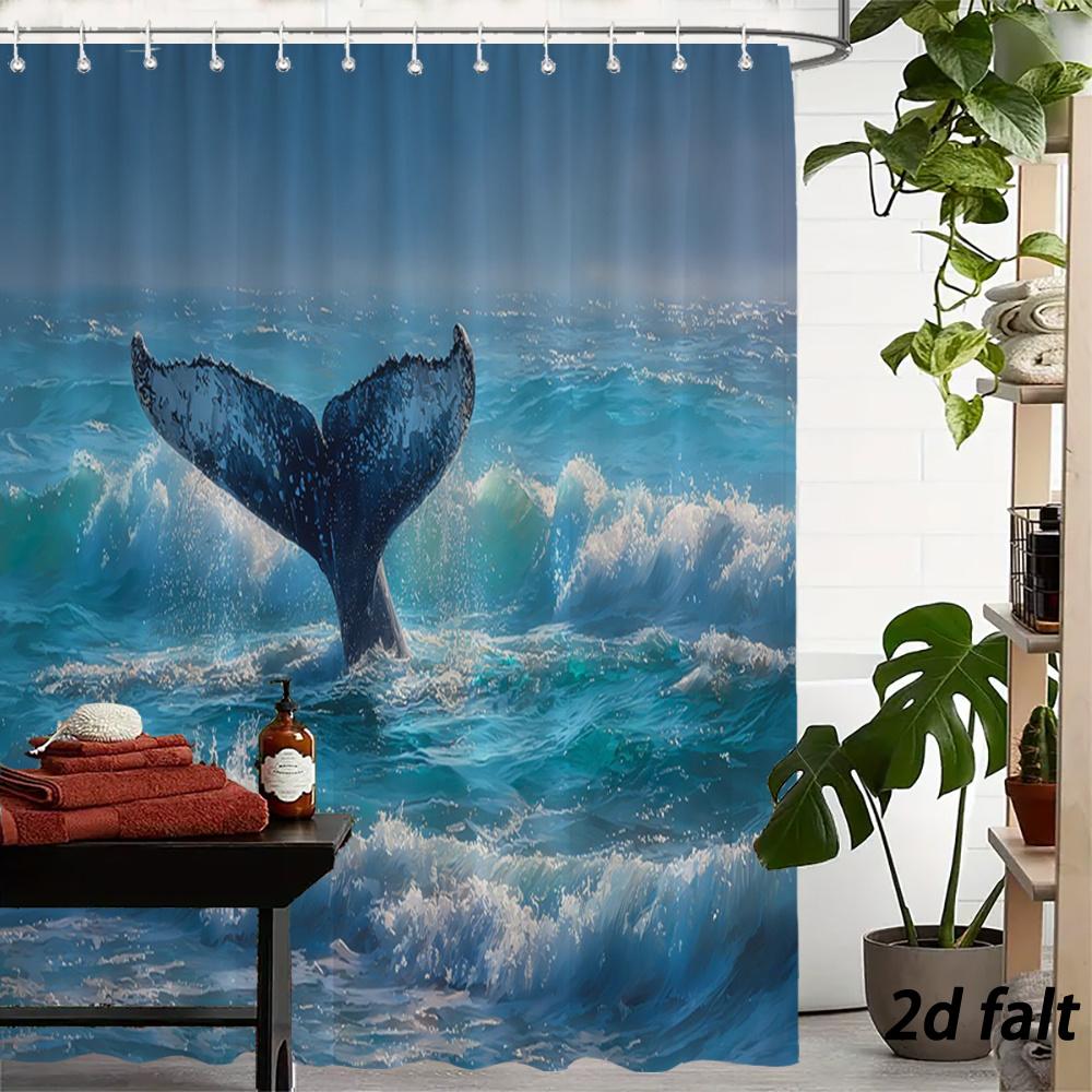Whale Tail Shower Curtain – Majestic Fluke In Ocean Waves, 2D Flat, 12 Hooks, 70.8×70.8 In, Polyester, Machine Washable