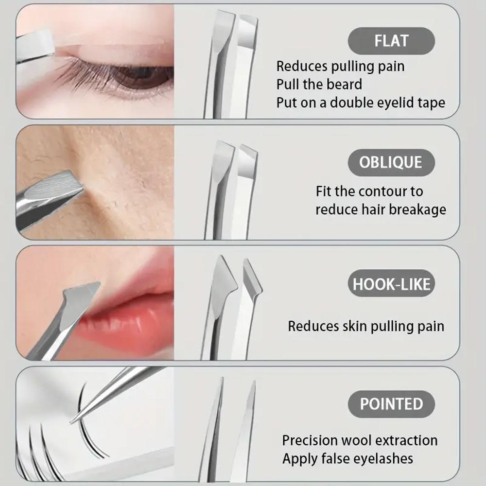 4Pcs Mirror Light Curve Tweezers Plucking Hair Eyebrow Clip Plucking Beard Eyebrows False Eyelashes Makeup Makeup Tool Set