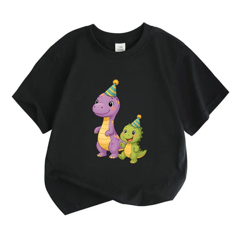 Cute Kids Boys Girls 100% Cotton Crew Neck Short Sleeve T-Shirt, Adorable Cartoon Dinosaur with Party Hats Print Casual Lightweight Tee for Children D