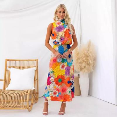 Women's Holiday Fashion Print Sleeveless Halter Waist Dress