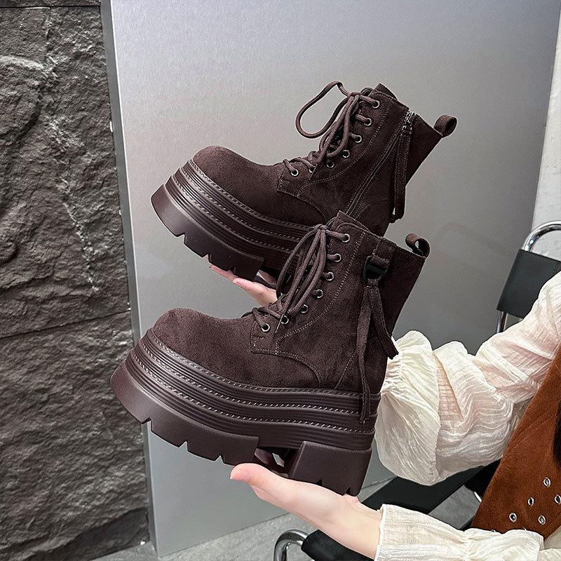 British Martin Boots Women's Autumn and Winter New Single Boots Retro Lace-up Thick-soled Heightening Muffin Thin Short Boots