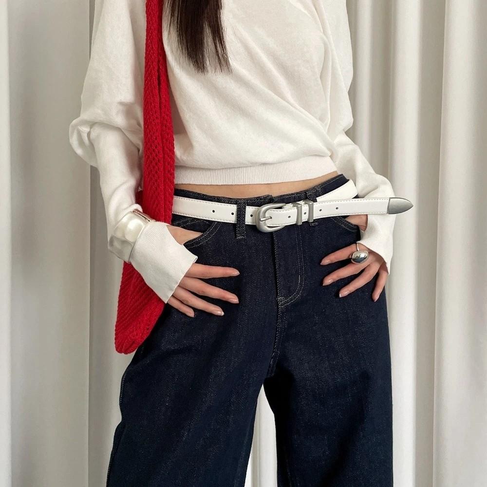 Y2k Style Leather Waist Belt Metal Buckle Thin Women's Belt Red Color Casual Belt Jeans Skirt Dress