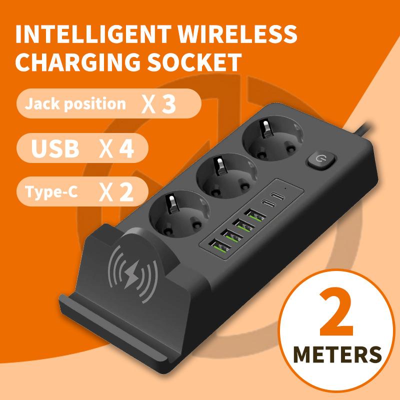 European Standard Mobile Phone Wireless Charging Strip Plug with Cable USB Socket Russian Plug Board PD Multi Socket