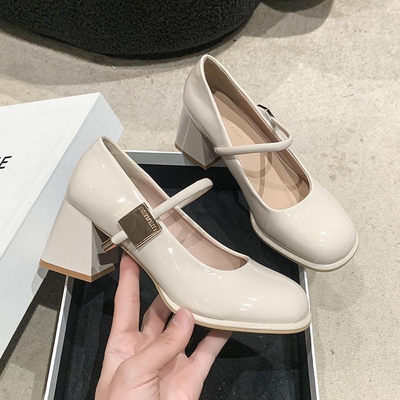 2025 Spring New High-heeled Women's Shoes British Style Buckle Small Leather Shoes Thick Heel Round Head Casual Mary Jane Shoes Women