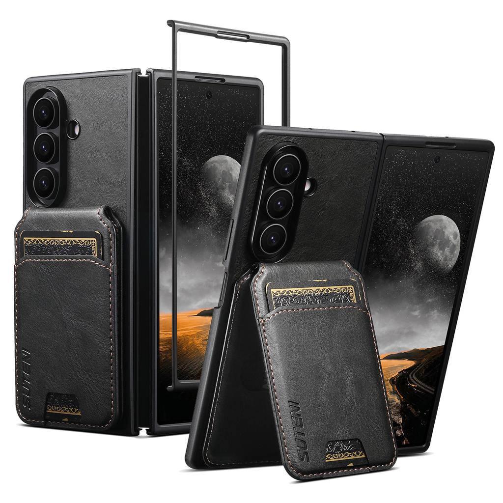 SUTENI H02 For Samsung Galaxy Z Fold7 5G Case Waxy Texture Leather + PC Card Slots Kickstand Phone Cover