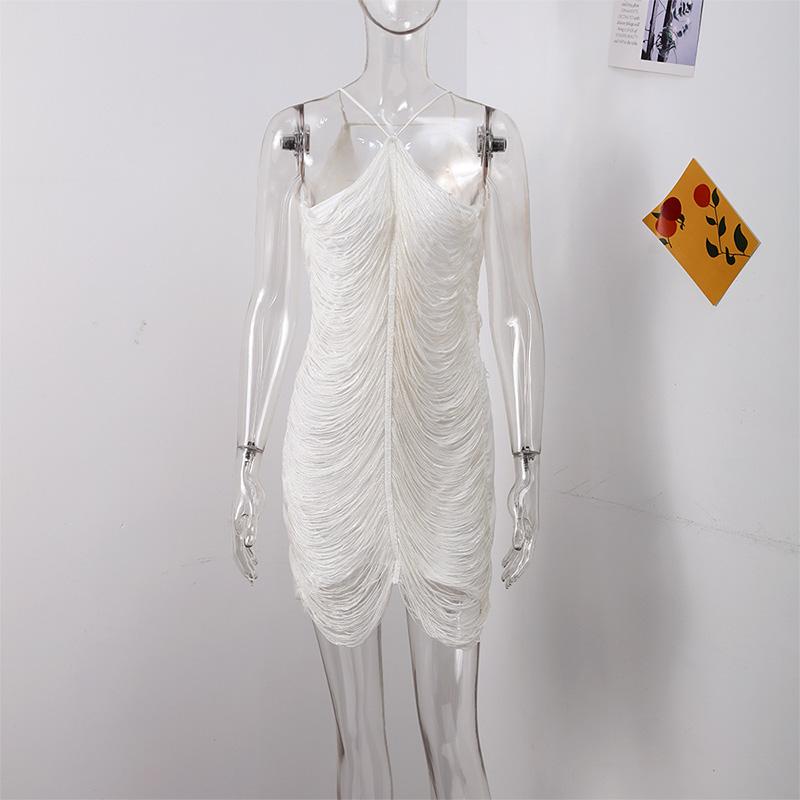 Sexy Elegant Shiny Beading Halter Short Dress Women Fashion Sequin Tassel Slim Fit Sleeveless Backless Party Dresses