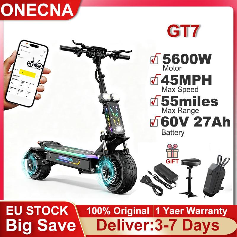 ONECNA GT7 Electric Scooter 5600W Dual Motor 60V 27Ah Battery 45MPH Max Speed 55miles Max Range 11" Off-Road Tire E-Scooter