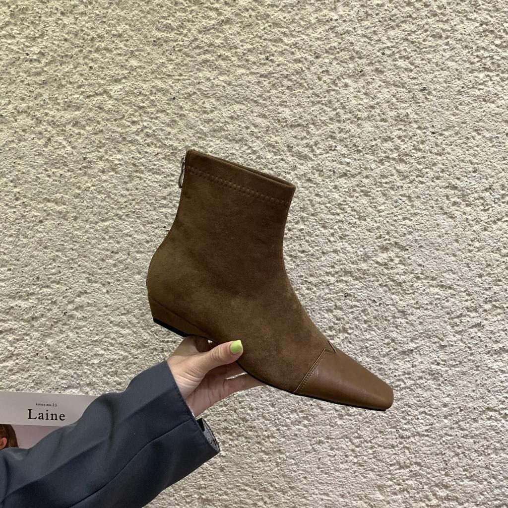 French square head short boots women's autumn and winter black small slope heel thin boots short knight boots bare boots