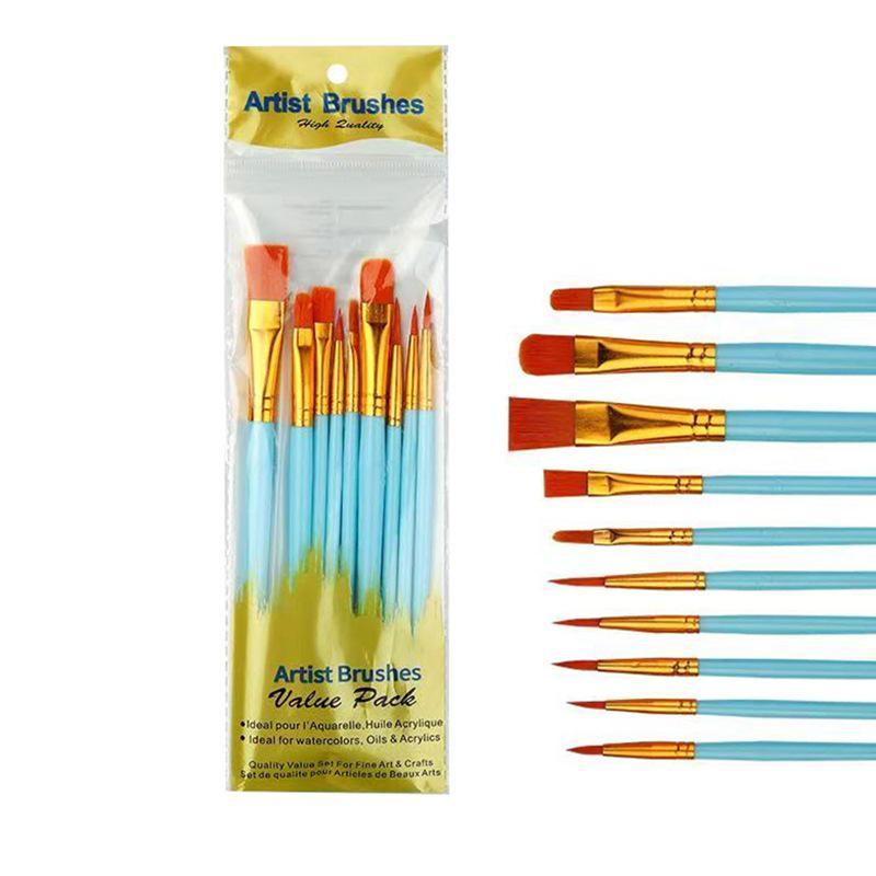 10-Piece Nylon Hair Paint Brush Set with Pearlescent Handles for Oil, Acrylic, Watercolor, and Gouache