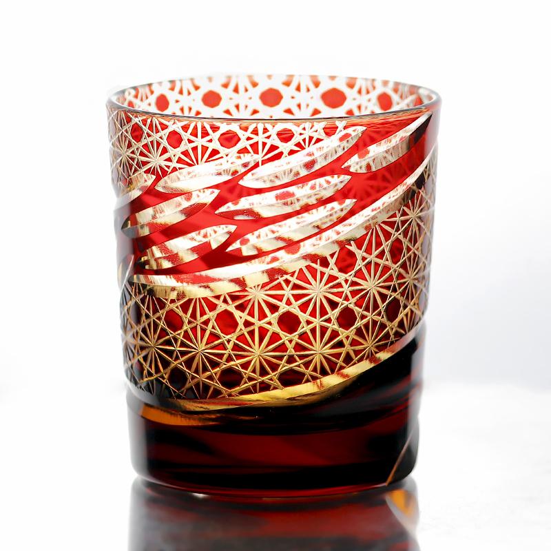 240ml Handmade Japanese Edo Kiriko Style Amber Whiskey Glass Tumbler for Home Bar Decor Rocks Bucket Cocktail Serving