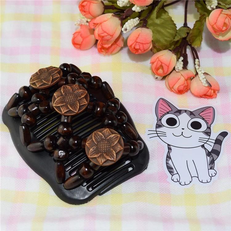 Sunflower Style Wooden Bead Hair Comb - Double Row, Versatile Handmade Hair Accessory.