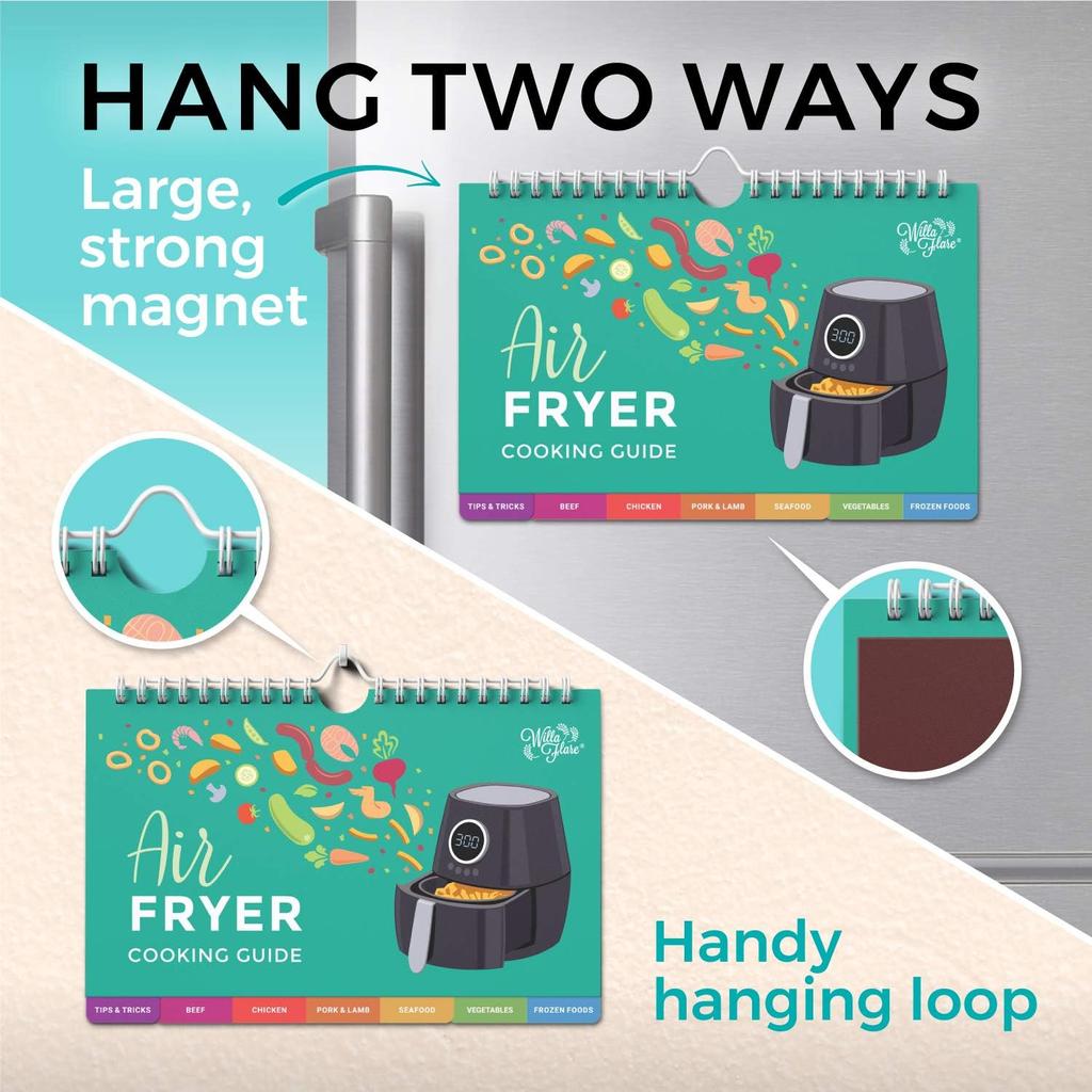 Willa Flare Air Fryer Magnetic Cheat Sheet Cooking Times Reference Guide for 80 Foods - Flip Chart and 6 Vinyl Decal Stickers | Perfectly Fry Family