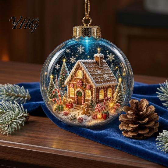 Seasonal Home Decor Accessories Christmas 3D Faux Crystal Ball Hanging Ornaments with Warm LED Miniature Winter Scene Lights, Luminous Tree