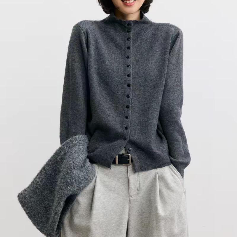 Women's Pure Wool Stand Collar Button-Up Cardigan - Loose Slim Fit Knit Base Layer Top with Long Sleeves for Autumn and Winter