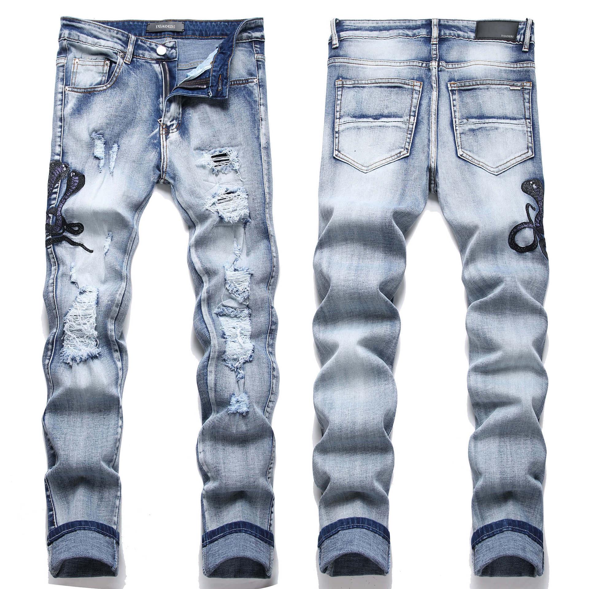 

European Street Style Blue Cobra Embroidery Slim-Fit Men s Jeans Triple Extra Large синий