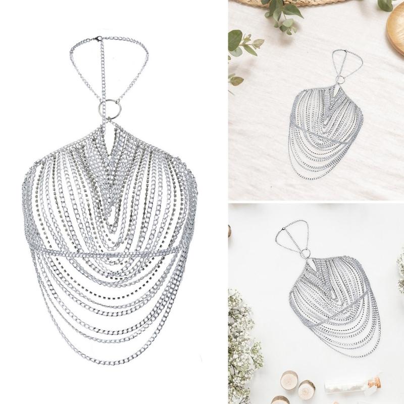Multilayer Tassels Chest Chain Fashionable Body Accessory Party Body Chain Alloy Texture for Party and Nightclub Wear