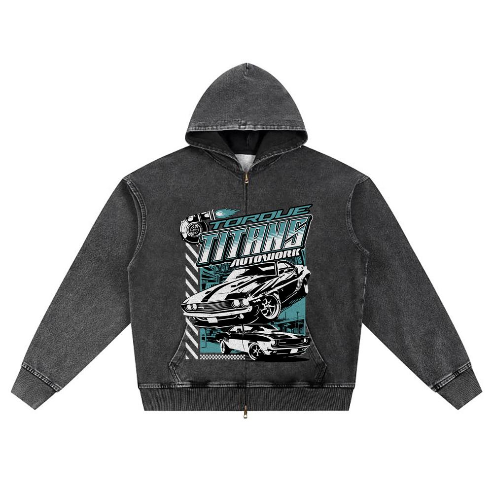 DTG Print Knitted Denim Zip-Up Hoodie Torque Titans Brother Print Zipper Hoodies