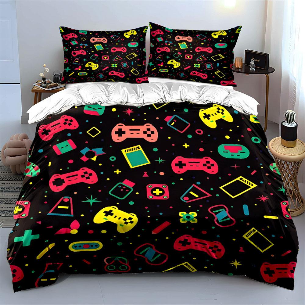 Colorful Gaming Icons Pattern Design Exquisite Three-Piece Bedding Set Gift For Kids And Adults
