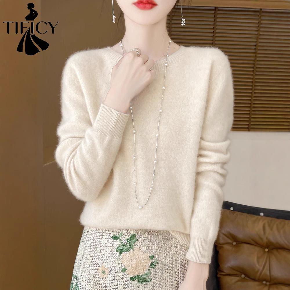 TIFICY Women's Fashion Casual Fall Winter Solid Color Print Long Sleeve O-Neck Sweaters