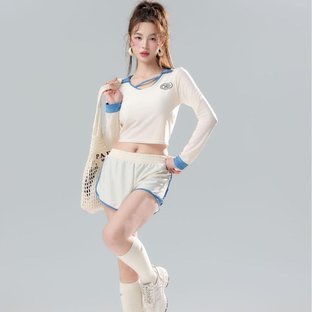 Korean Style 2025 Women's Slimming Sports Swimsuit: 4-Piece Set with Long Sleeves and Split Flat-Leg Design