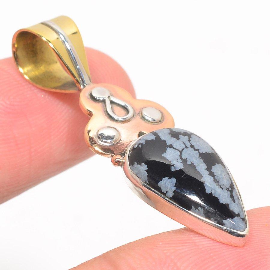 Natural Snowflake Obsidian Two Tone 925 Solid Sterling Silver Pendant 1.75" N6m39