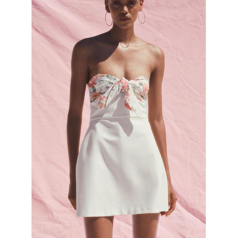 Summer New Product Women's Clothes Sweet Style off-the-Shoulder Straight Collar Print Thin Scarf Trim Short Dress 3067303