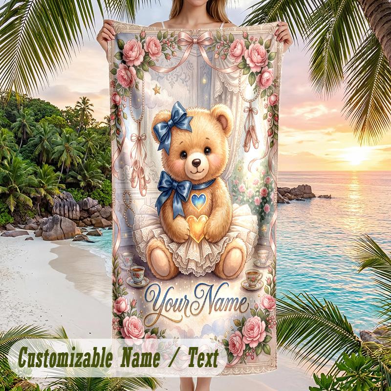 Teddy Bear Theme Beach Towel Personalized Custom Name & Text Soft Quick Dry Beach Towel for Swimming Travel