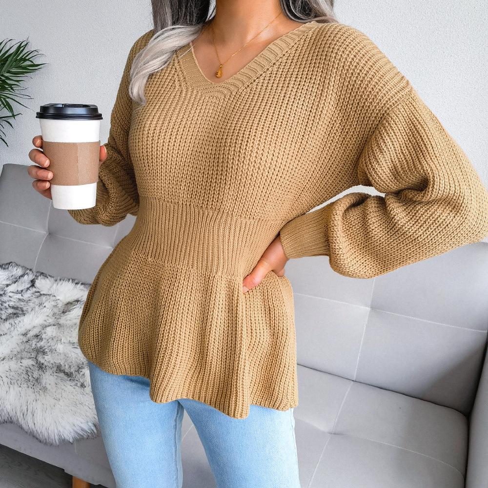 Women's Autumn/winter Lantern Sleeve Tucked Waist Hem Ruffled Knit Sweater