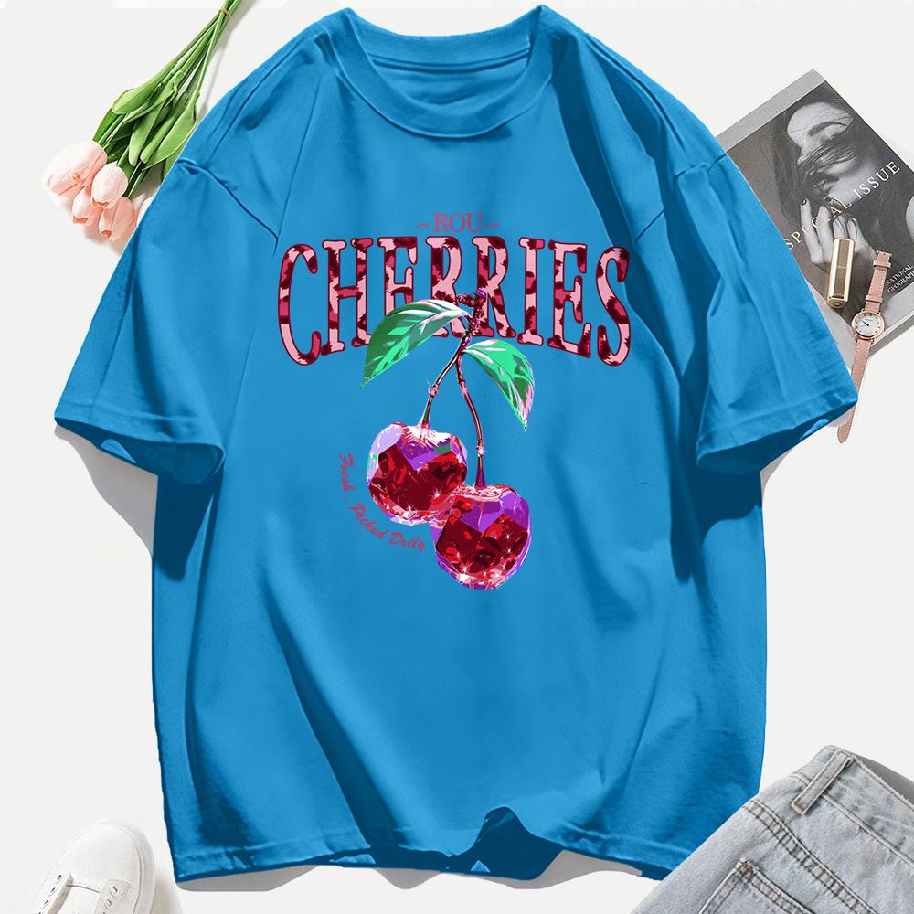 Crystal Cherries Printing Tee Shirt Woman Summer Cotton Tee Tops O-Neck Casual T Shirts Oversized All-Match Short Sleeve