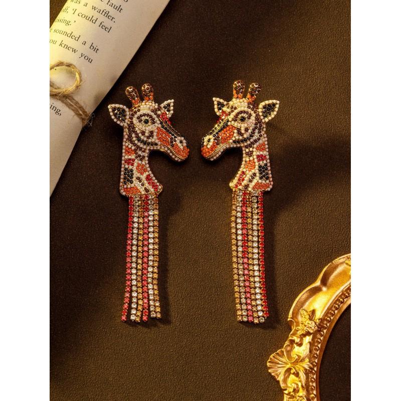 Vintage Giraffe Tassel Earrings Light Luxury Style Full Of Diamonds