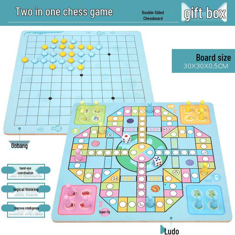 Multifunktionales Holz-Spielbrett: Fliegendes Schach, Dame und Tierkampf für Kinder und Erwachsene