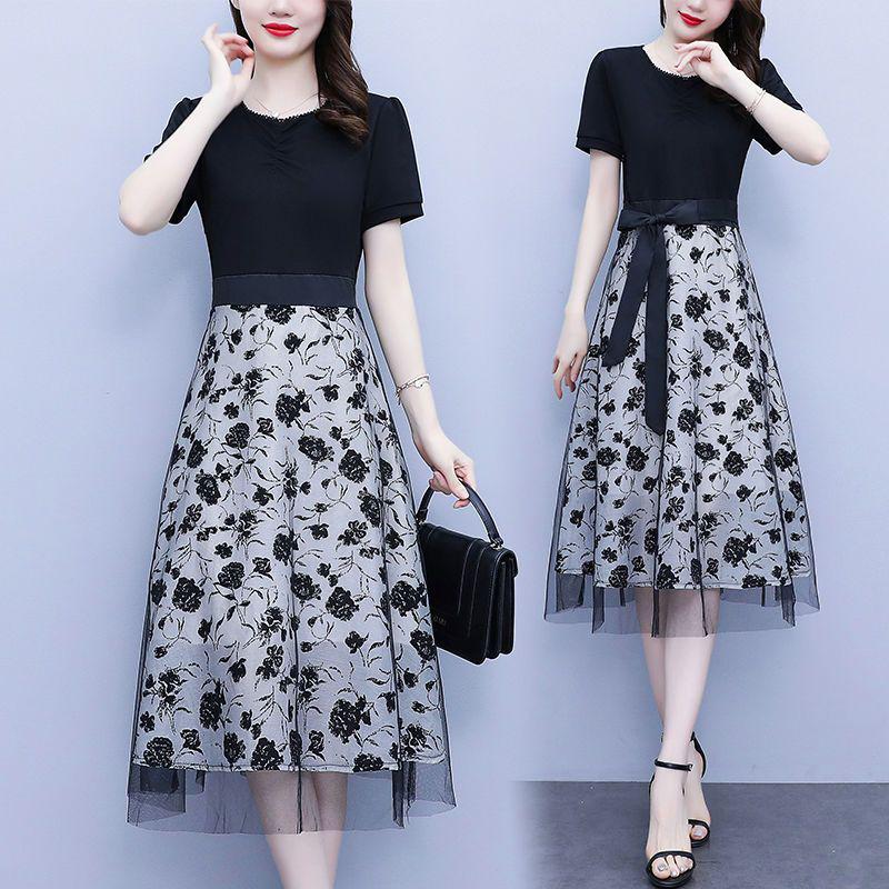 Women's Black Mesh Patchwork Faux Two-Piece Short-Sleeve Dress, Summer 2024 - Waist-Cinching Tie-Up Design.