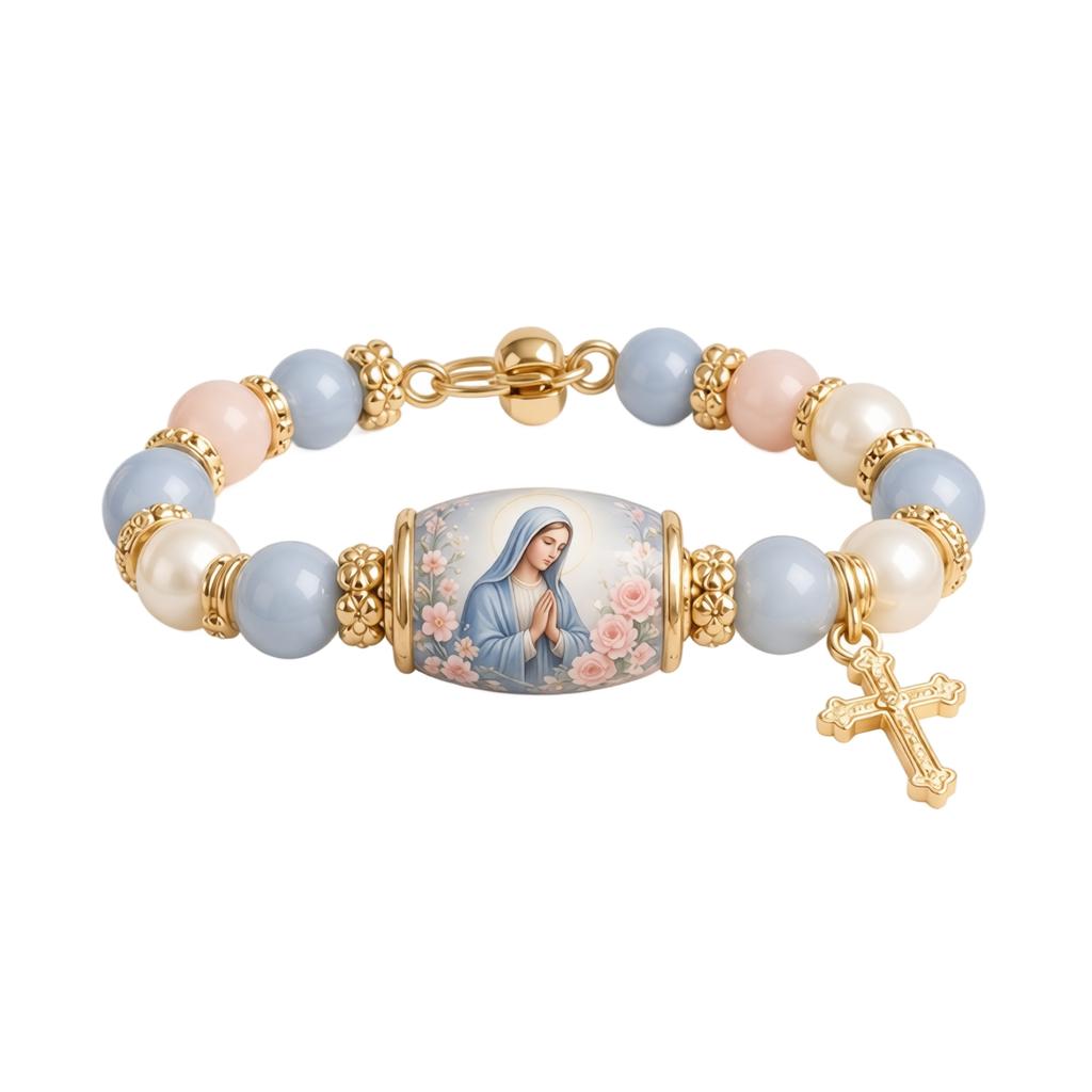 Religiöses Perlenarmband mit Bild des Heiligen Herzens Jesu und Kreuz-Anhänger Elastisches Dehndesign Geeignet für den täglichen Gebrauch und spirituelle Nutzung