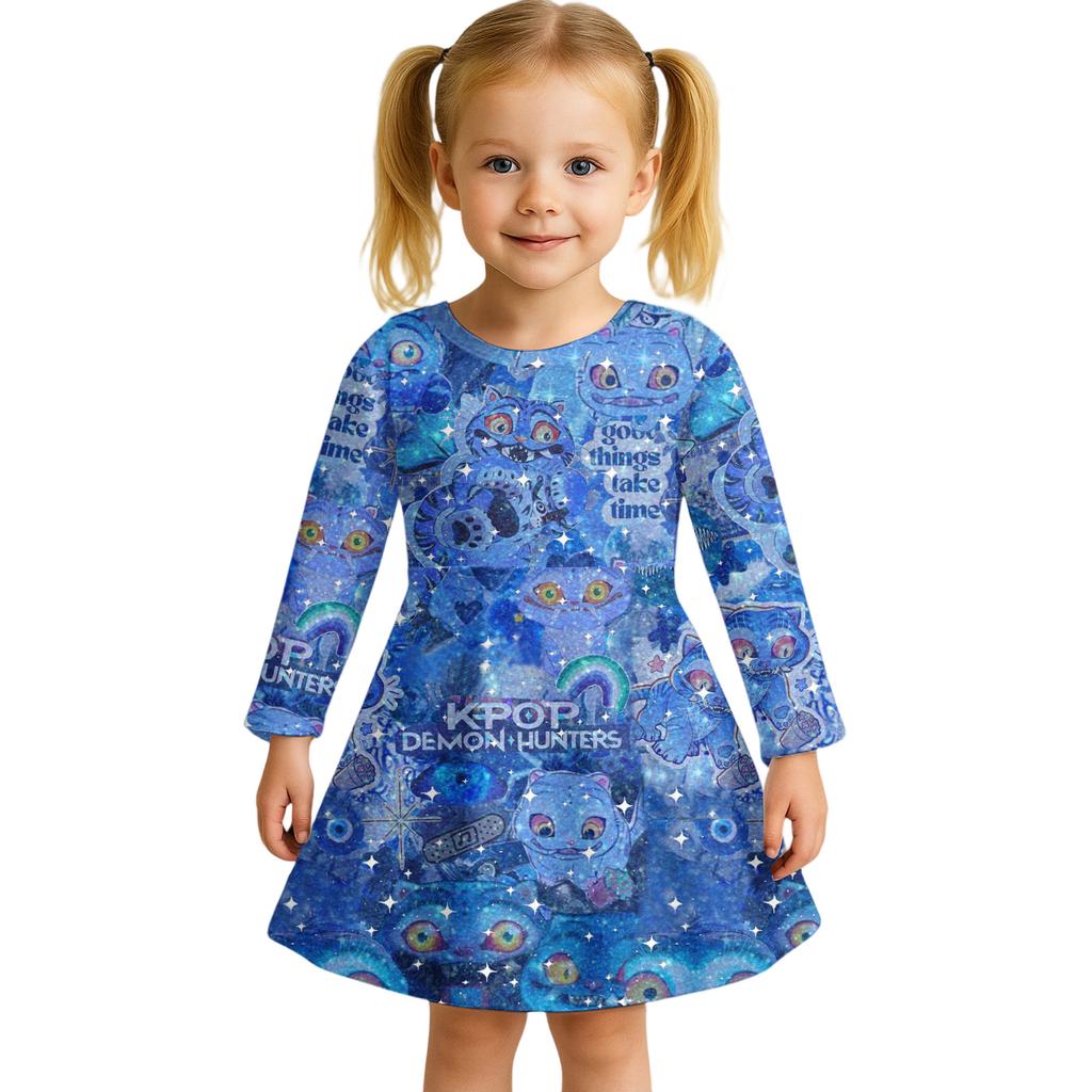 Kids Girls Casual Daily Dress Cute Cartoon Print Long Sleeves Dance Wear Princess Dress  2-12 Years