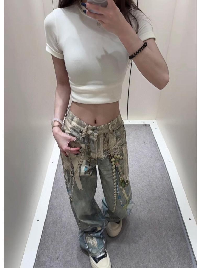 Lace Print Retro Wide-Leg Jeans