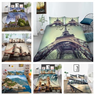 3D-Deluxe-Bettwäscheset mit architektonischem Muster, Bettbezug und Kissenbezug, 2 oder 3 Stück, Hochhausdruck, waschbare und bequeme Bettwäsche in voller Größe