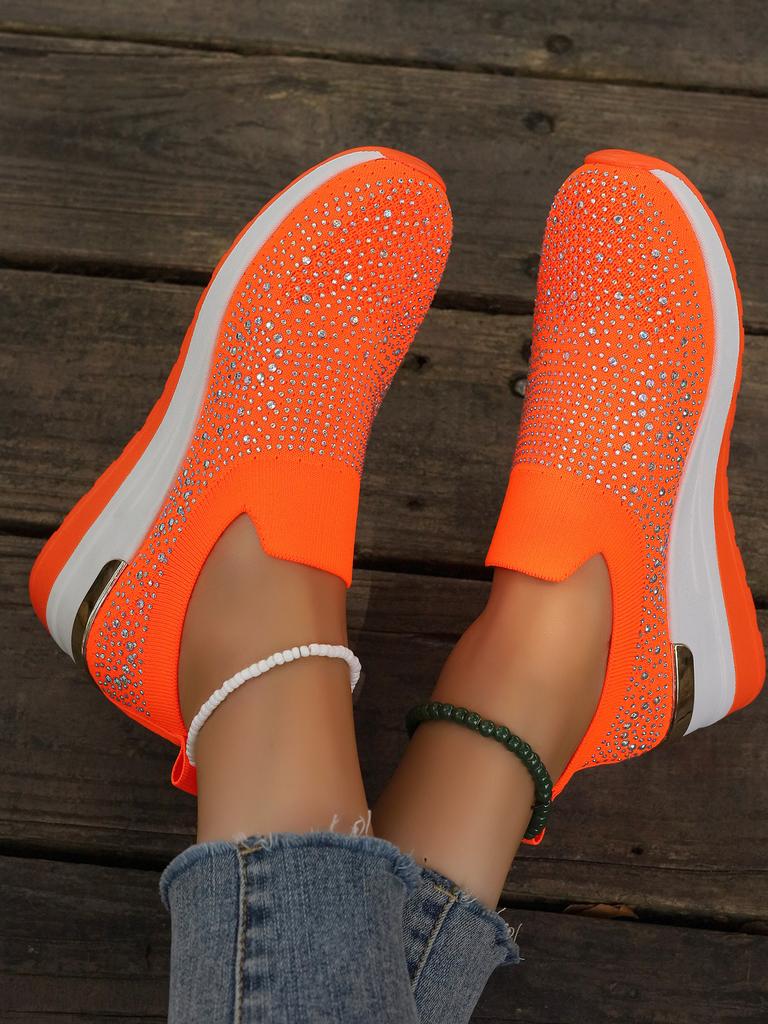 Fashion Rhinestone Women Shoe Casual Sneakers Wedge Flat Loafers Spring Summer New Knitted Single Shoes Adult Ladies Plus Size
