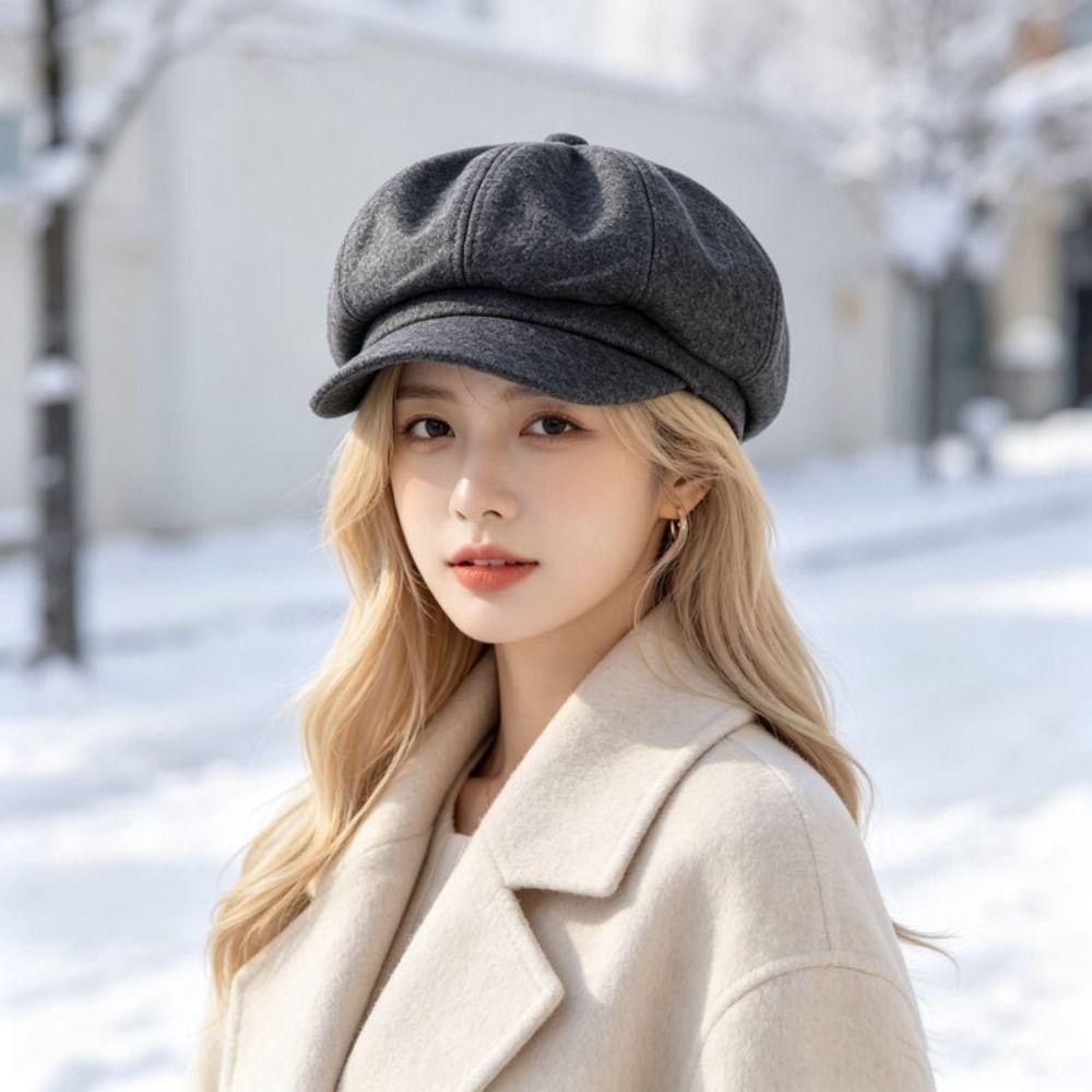 Woolen Fabric Baker Cap Solid Color Beret Hat Fashion Octagonal Cap  Autumn Winter