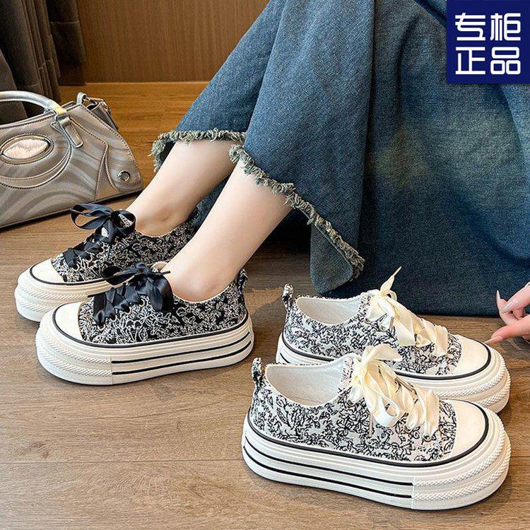 Guofeng Chinese Canvas Shoes Women's Platform New Printing Embroidery Lace-up Versatile Casual Shoes Platform