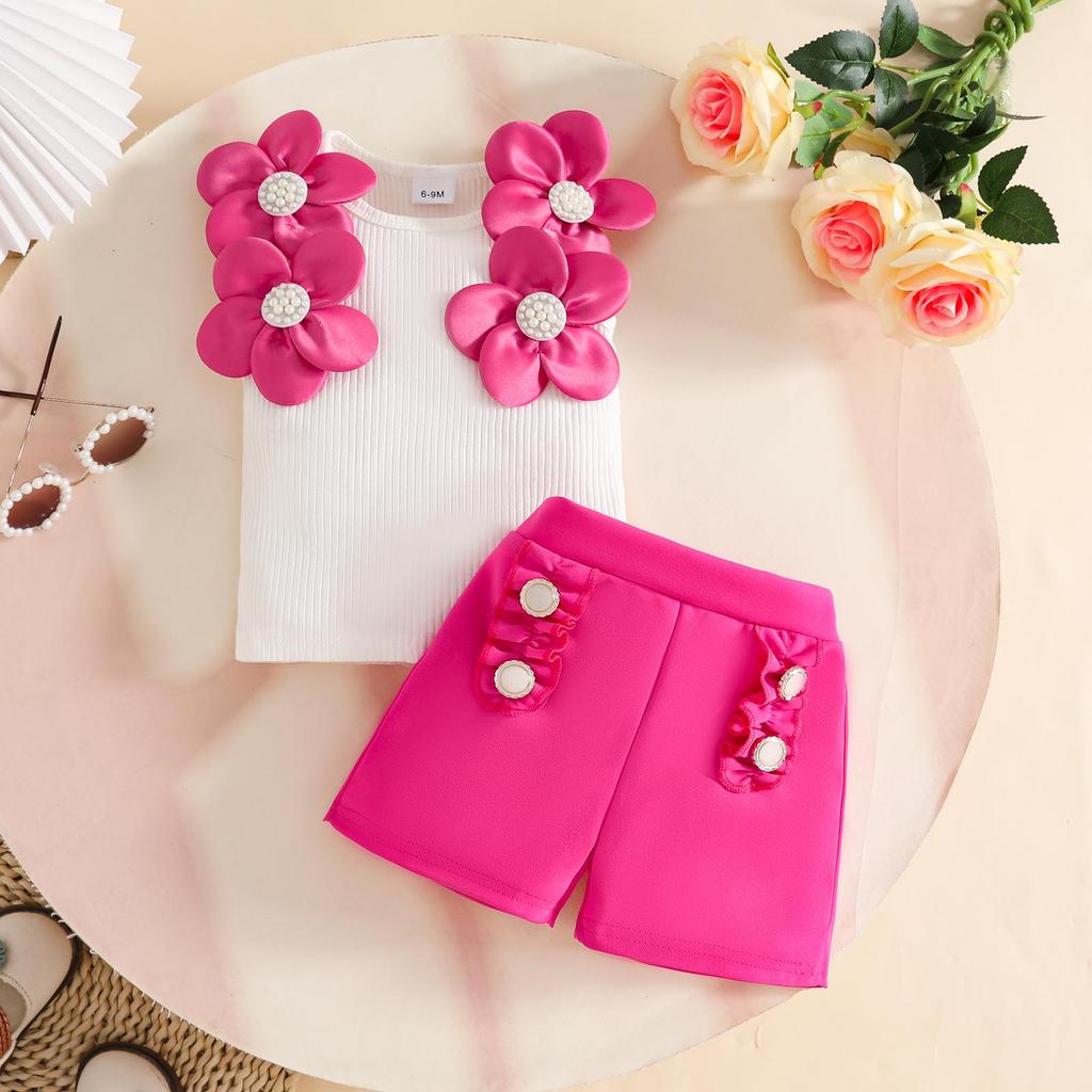 Sweet Baby Girl Sleeveless Ribbed Top & Lace Button Shorts Set