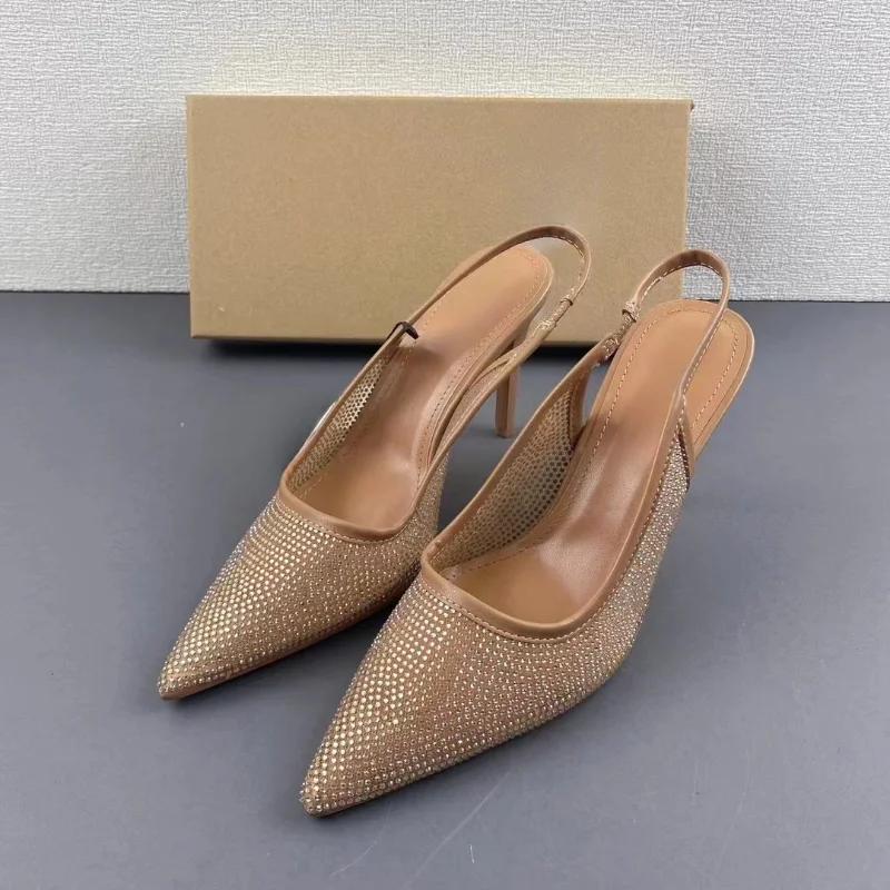 Móda 2024 Léto Dámské Sandály na Vysokém Podpatku Špičaté Pásek Přes Patu Jasné Diamanty Slingback Jehlové Podpatky Dámské Párty Svatba Boty