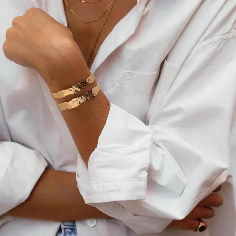 Gold Wide Bracelets For Women Statement Hammered Gold Cuff Bangle Bracelet Boho Chunky Stackable Bracelets Dainty Adjustable