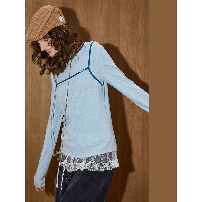 Coolhut Preppy Style 2025 Autum Women's Loose Light Blue Versatile Long-Sleeved T-Shirt