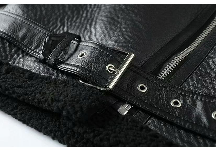 Women's Mid-length Lambswool Leather Motorcycle Jacket - European & American Winter Style