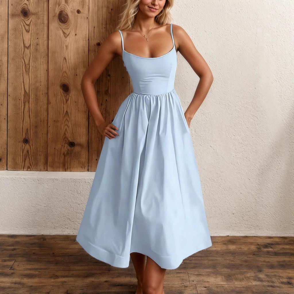 Summer dress, fashionable French gentle wind solid color tube top suspender dress