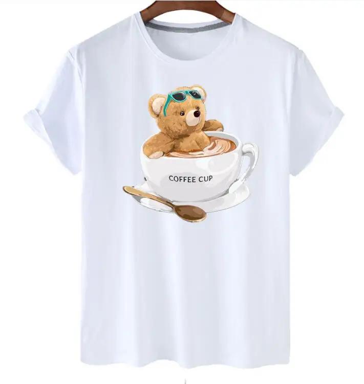 plus Size Trendy Teddy Bear Graphic Tee Casual Short-Sleeved T-Shirt Polyester Fabric Summer Top for Men