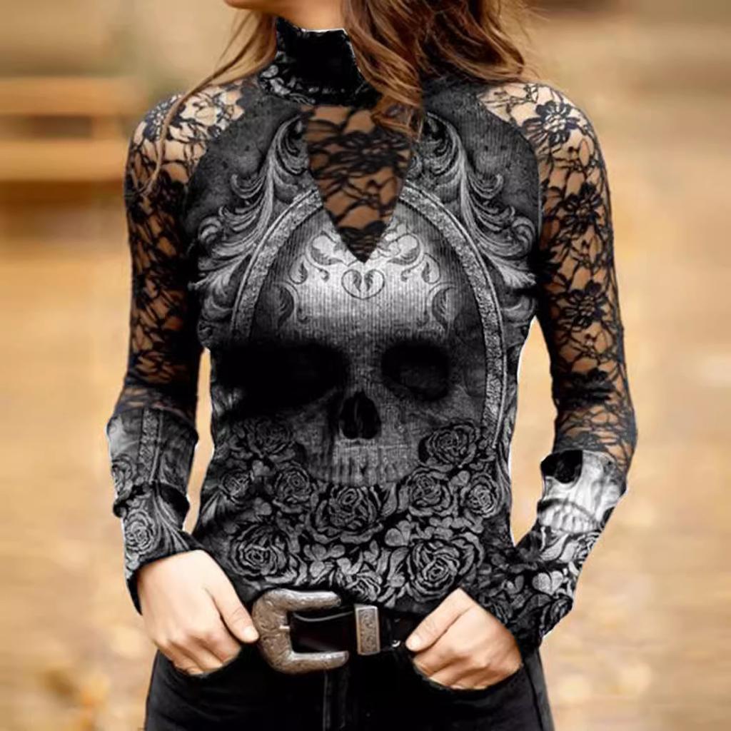 Women's Lace Turtleneck Skull Floral Print T-Shirt Gothic Long Sleeve Hollow Out Fashion Tops