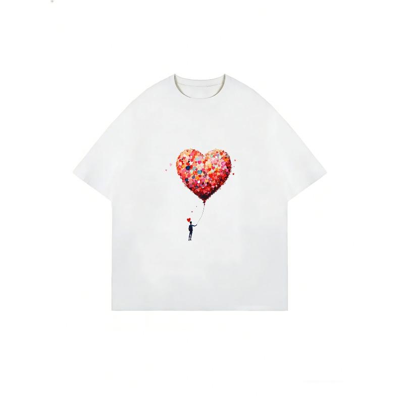 White T Shirt With Heart Balloon Print For Casual Wear