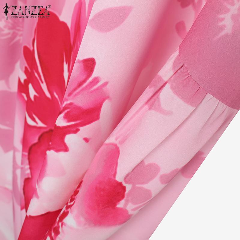 ZANZEA Rochie lungă cu mânecă scurtă și guler rotund, casual, cu imprimeu floral, pentru femei