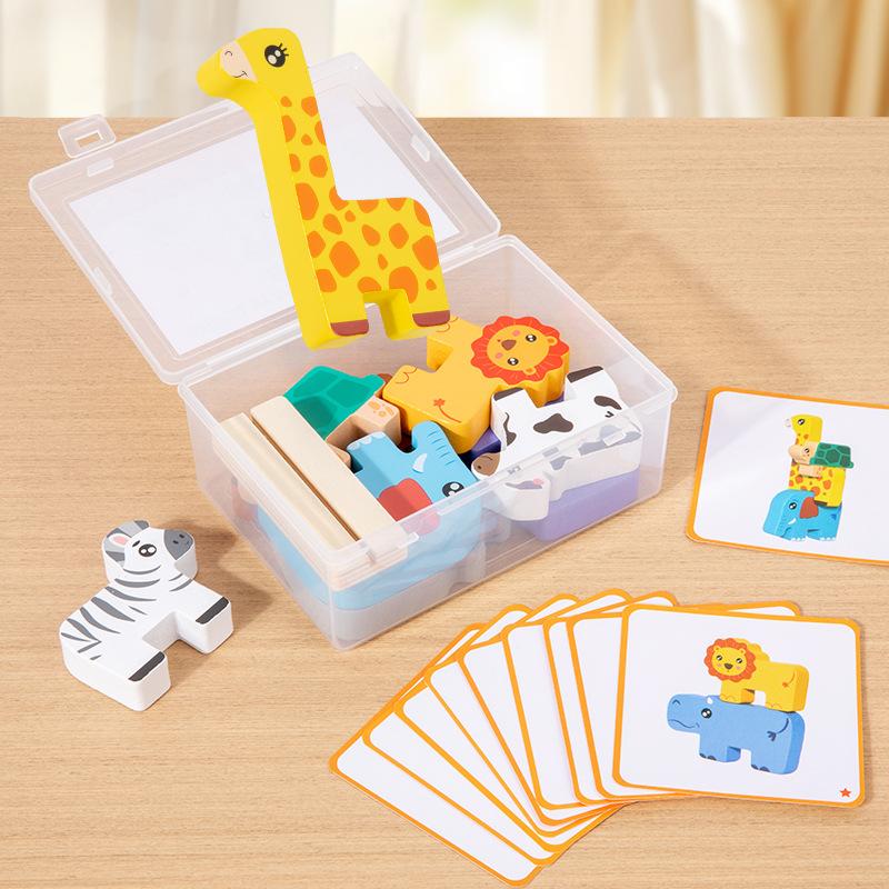 Montessori Educational Building Blocks Toys Kids Cognitive Early Learning Balance Stacking Block Game Wooden Forest Animals Set